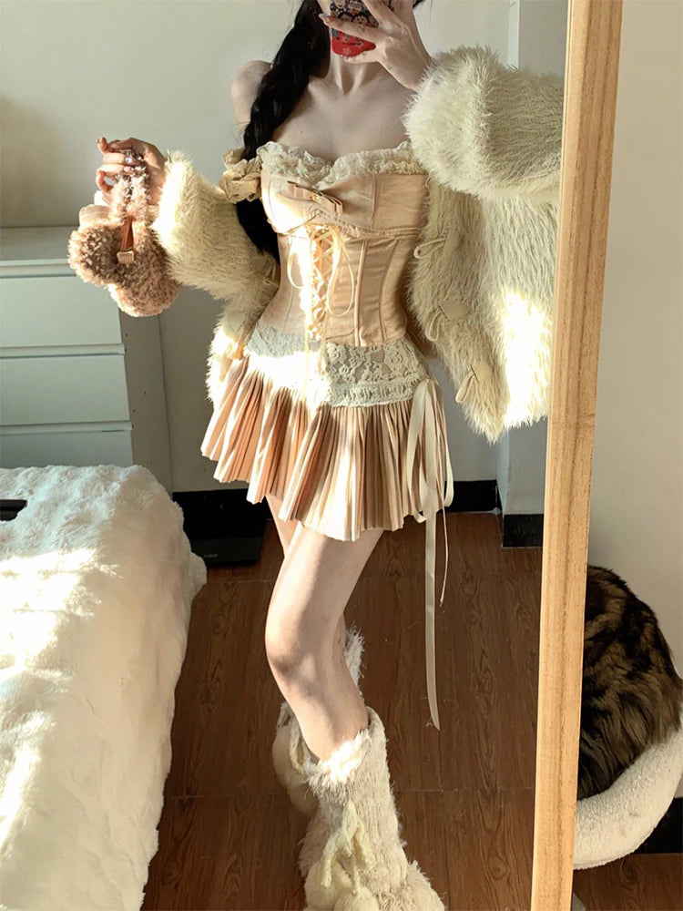 Y2k Coquette 2000s Aesthetic Ballet Core Rave Birthday Gyaru Outfits 2 Piece Set Camisole + Night Club Mini Pleated Skirts