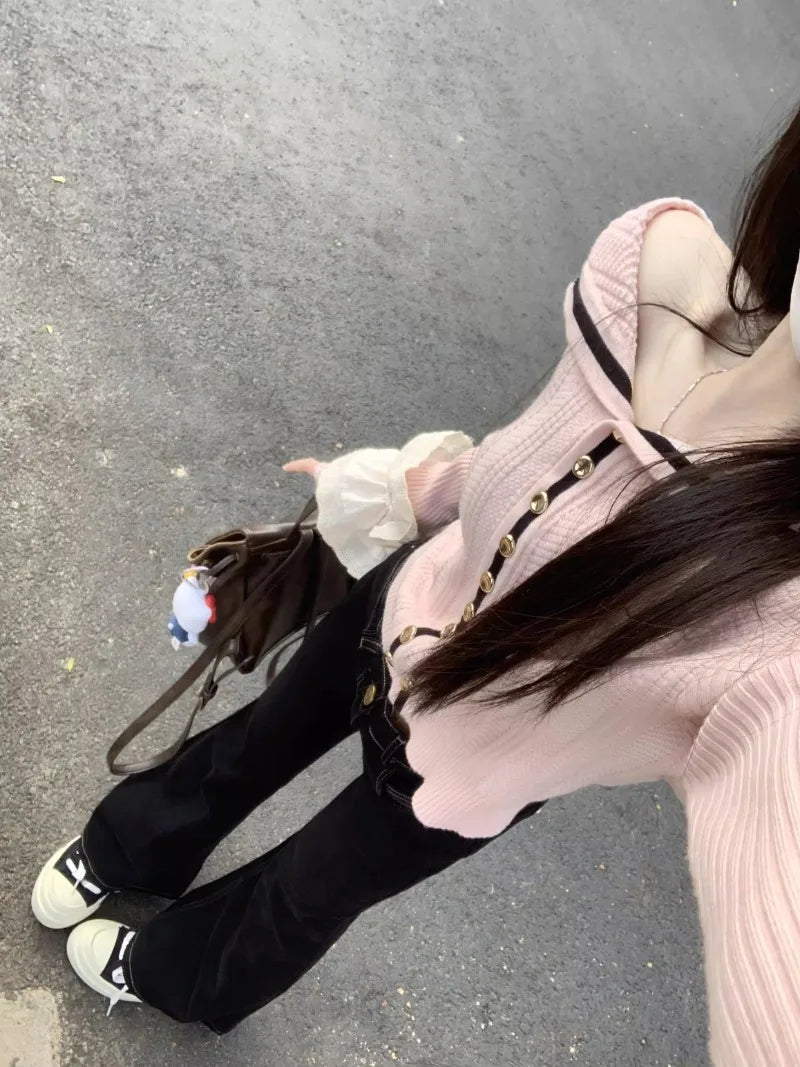Sweet Hot Girl Pink Off Shoulder Longsleeved Sweater Autumn Sailor Collar Knitted Cardigan Top Female Clothes