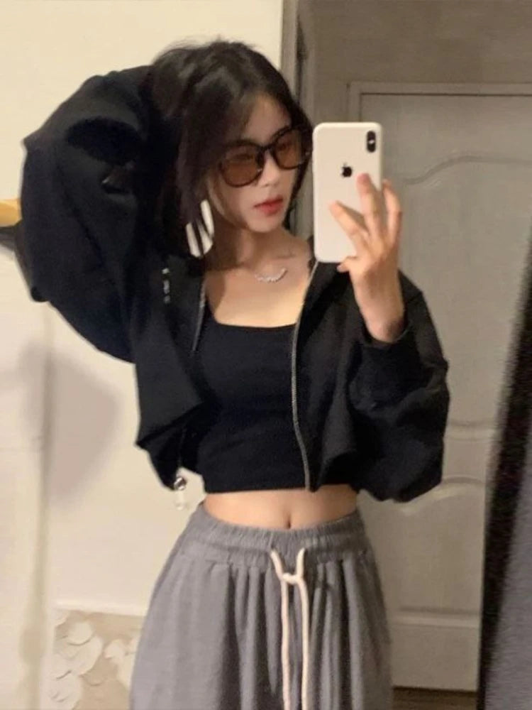 Goth Print Hoodies Retro Harajuku Hip Hop Jacket High Street Zip Up Hoodie Sweatshirt Clothes Y2k Crop Tops