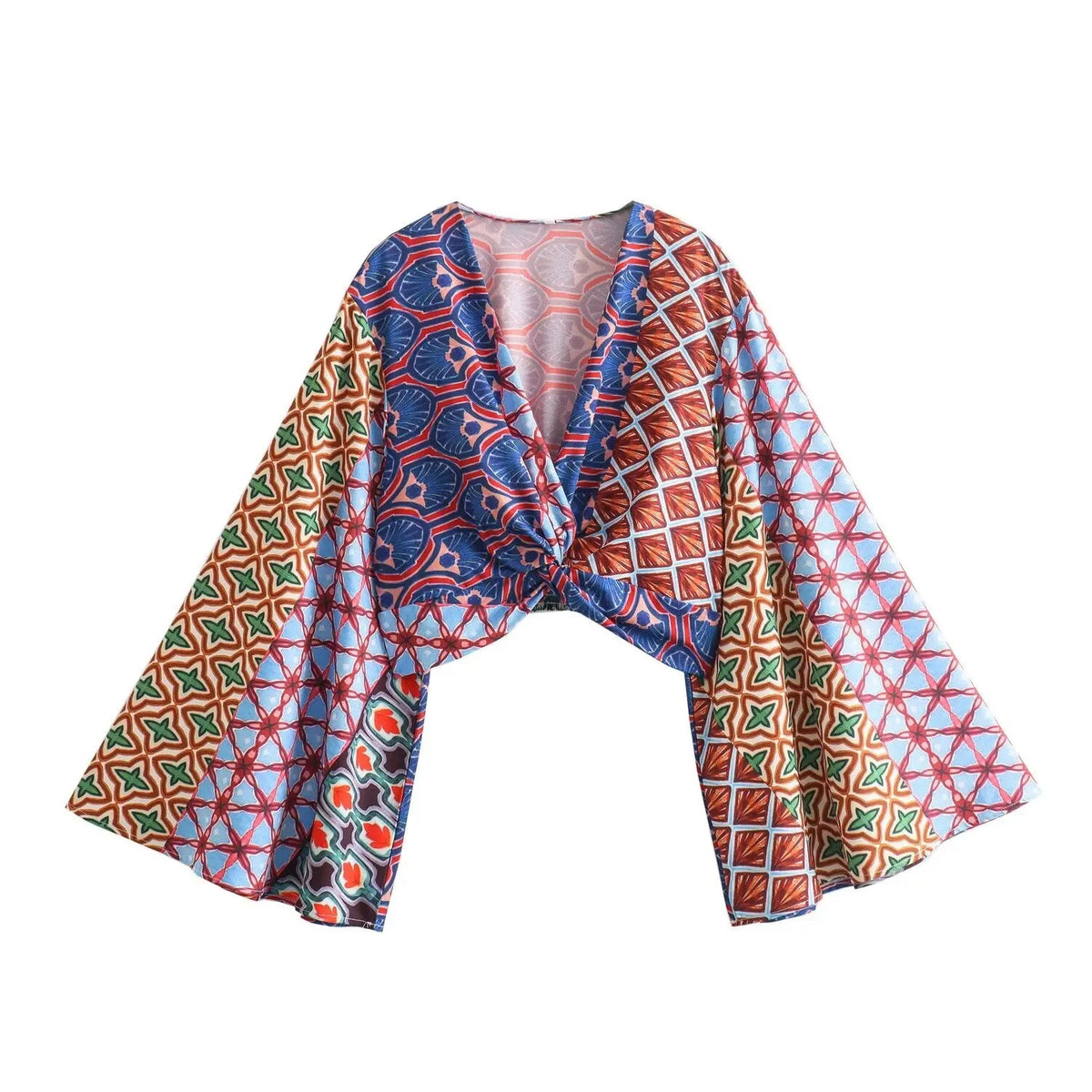 2 Piece Set Vneck Wide Long Sleeves Printed Crop Top Female Elastic High Waist Loose Pants