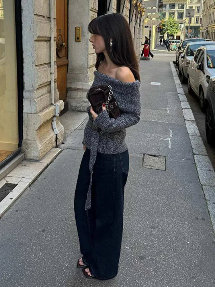 Off Shoulder Sweater With Belt Knitted Thick Long Sleeve Sweaters Female Winter Street Knitwear