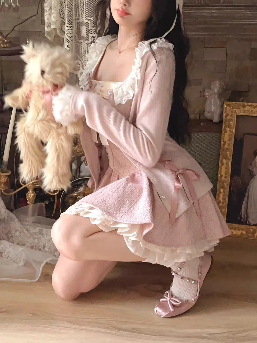 Soft Sweater Cardigan New Autumn Bow Pearl Single Breasted Oneck Sweater Sweet Coat