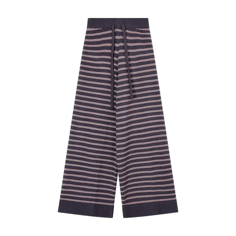 Laceup Loose Knitted Pants Spring New Korean High Waist Contrast Color Striped Wide Leg Pants
