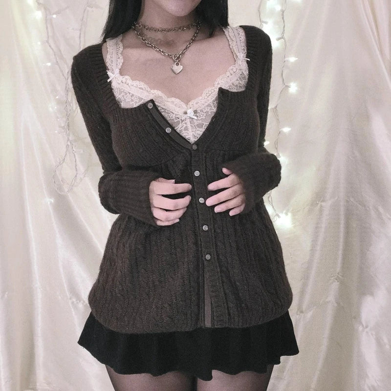Coquette Grunge Y2k 00s Sweater Single Breasted Long Sleeve Cardigan 00s Aesthetic Kawaii Knitwear T-shirt Clothes