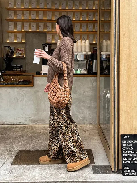 Leopard Printed Loose Wide Leg Pants High Waist Long Trousers New Lady Commute