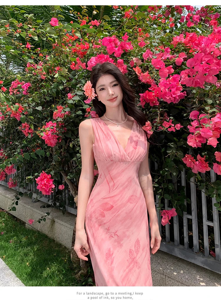 Print Long Dresses Vneck Sleeveless Bodycon Evening Party Dress New Slim Waist Vestidos Mujer New Robe