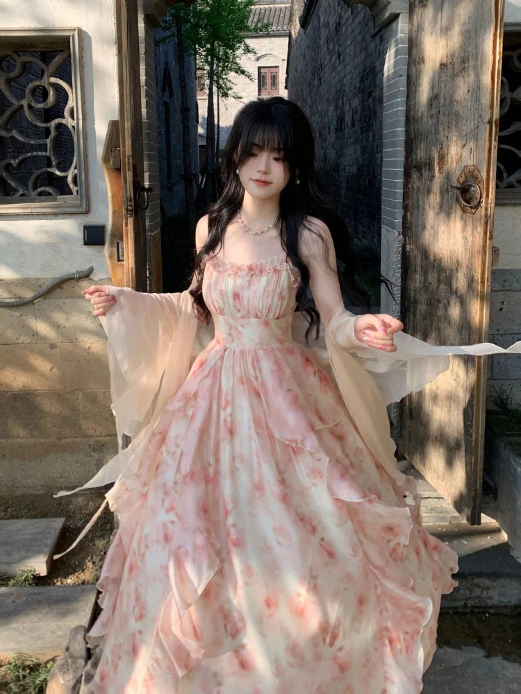2 Piece Dress Sets Chiffon Summer Slim Strap Dress + Fairy Cardigan Suit Even Party
