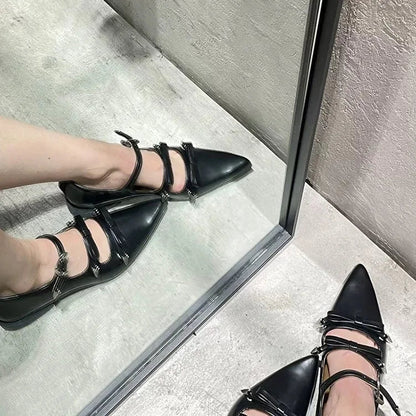 Japanese Metal Buckle Bow Mary Jane Shoes Sweet and Cool Pointed Leather Shallow Flat Shoes