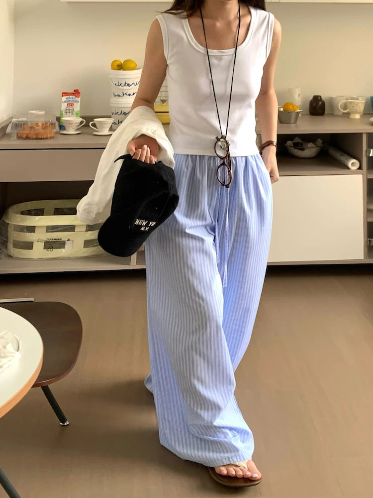Korean Summer Age Reducing Temperament Elastic Waist Drawstring Loose Versatile Striped Pants Floor