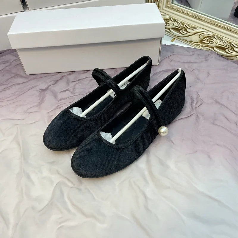 Retro Purple Burgundy Satin Pearl Velvet Mary Jane Flat Shoes for Ballet Flats Students Designer Shoes for