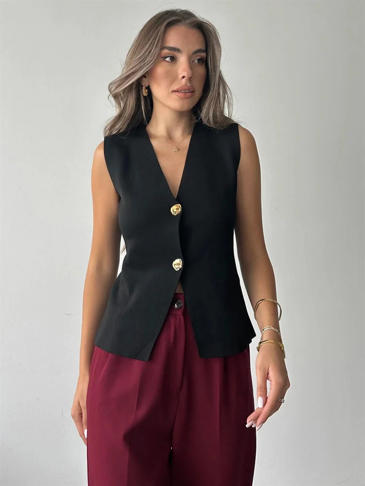 Knit V-neck Sweater Tank Top High Waist Patchwork Autumn Knitwear Y2k Cardigan Top Vest