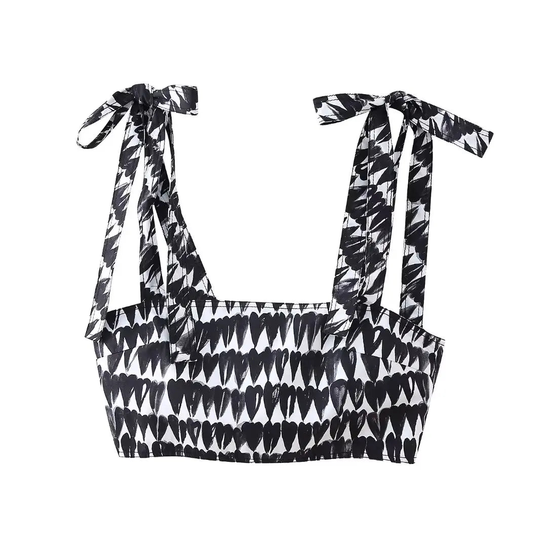 2 Piece Set Printed Bow Lace Up Cropped Camisole Sleeveless Tops High Waist Aline Pleated Skirts