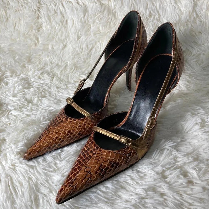 Snake Pointed Stiletto Sandals Belt Buckle Hollow Fine High Heel Sandals New Retro Designer Party Dress Shoes