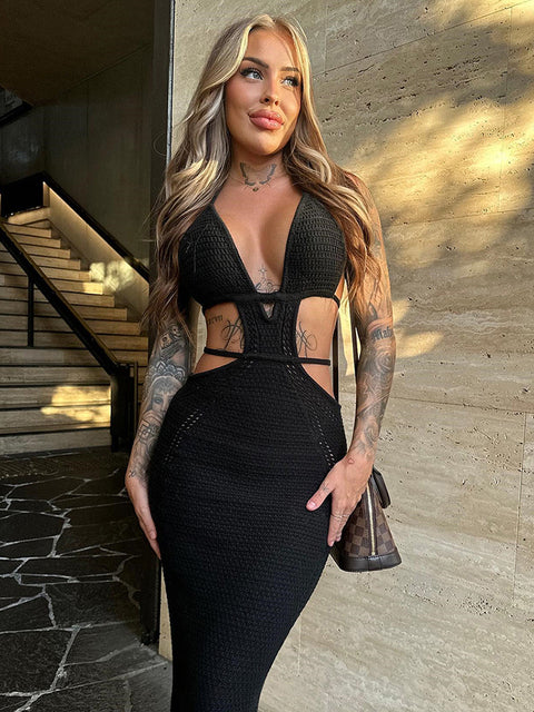 Hollow Out Halter Mini Dress Summer New Sleeveless Backless Skinny Club Party Knit Tank Dress Vestido