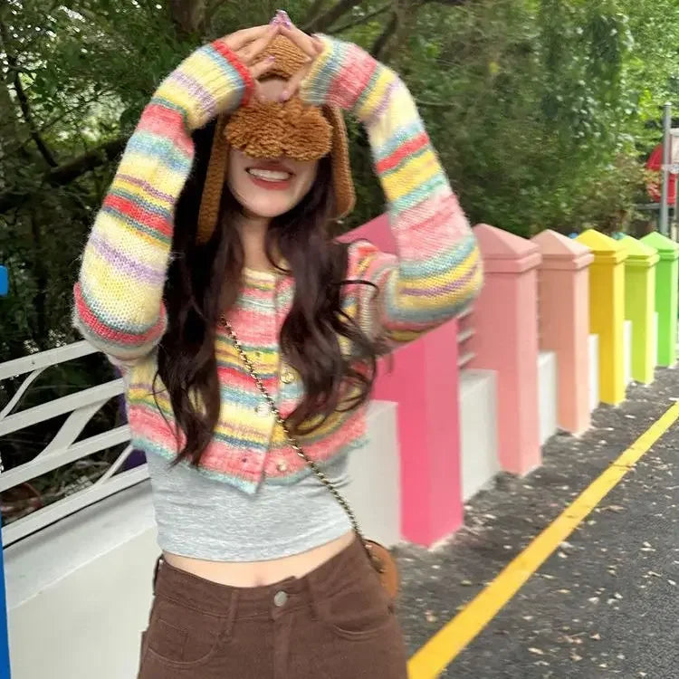 Striped Short Knitted Cardigan Spring and Autumn New Gentle Soft Glutinous Sweater Coat Slim Design Top