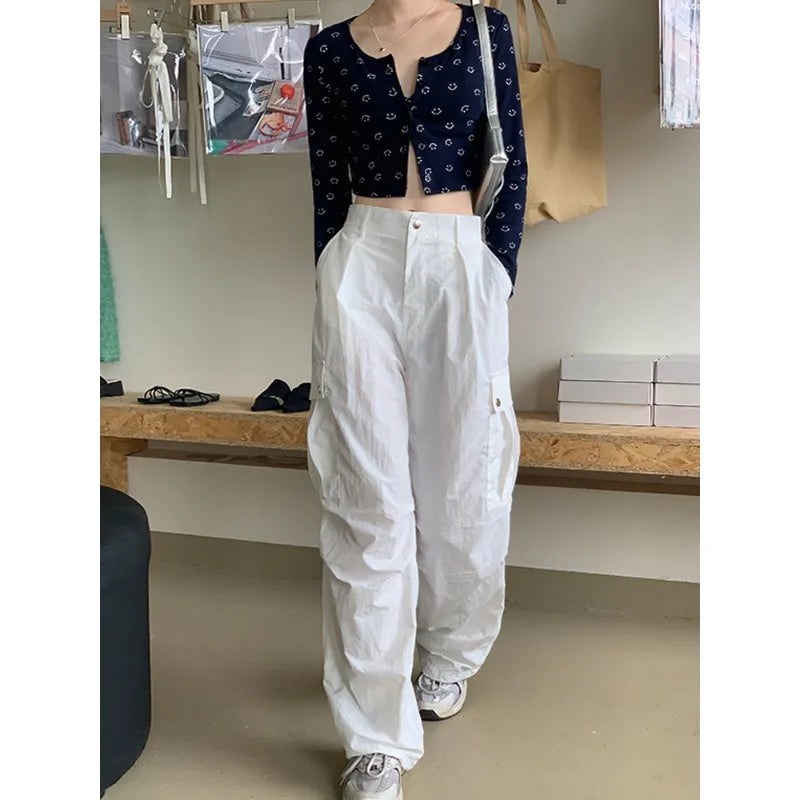 Printing Cargo Trousers for High Waist Patchwork Drawstring Long Pants Female Style