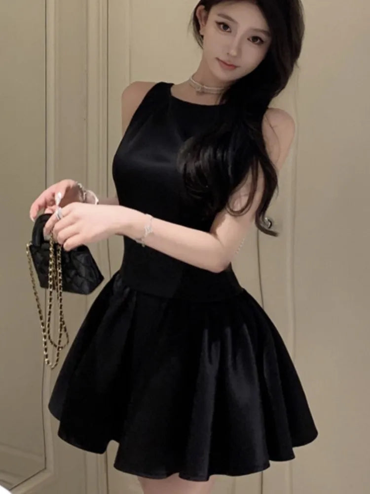 Korean Romantic Pearl Chain Backless Lace Up Princess Mini Dresses Sweet a Line Dress Birthday Evening Party Clothes