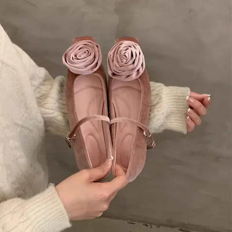 Flock Flowers Flat Shoes for Shallow Dress Shoes Comfort Soft Sole Square Toe Designer Mary Jane Ballet Shoes
