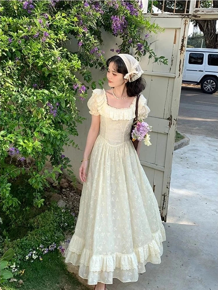 Lace Ruffles Long Dresses Square Neck Spring Summer Princess Dress Aline Sweet Vestidos Mujer