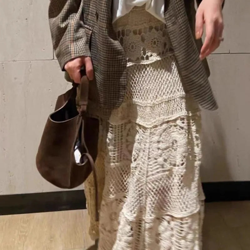 Korean Skirts Gentle Heavy Industry French Hollow Out Hook Flower Design Knit Skirt Aline Skirt