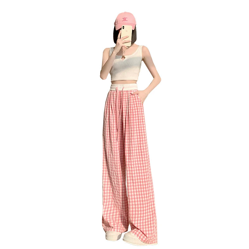 Thin High Waisted Checkered Black and White Wide Leg Pants, Elastic Floor Length Pants, Retro Loose and Versatile