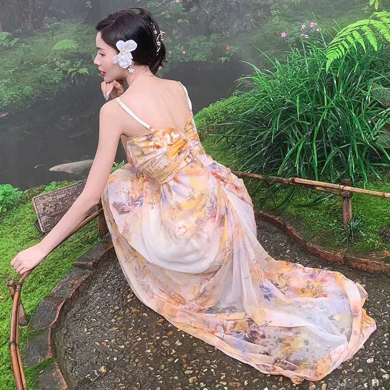 Retro Beige Yellow Print Sleeveless Pleated Slip Long Dress Summer New Holiday Evening Party Dress