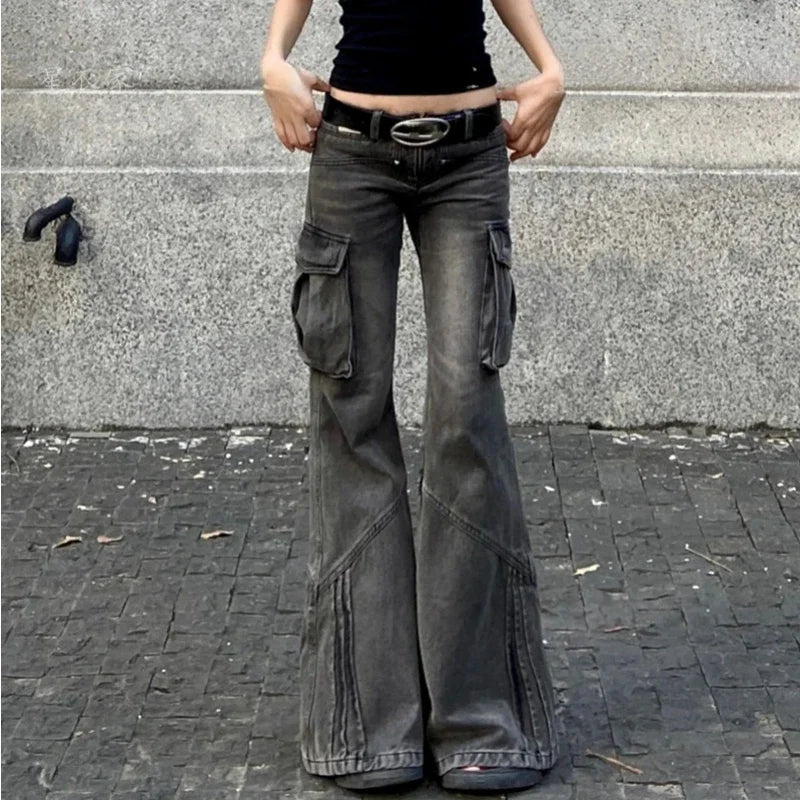 Distressed Washed Loose Cargo Jeans Spring New Korean Low Waist Pleated Denim Wide Leg Pants