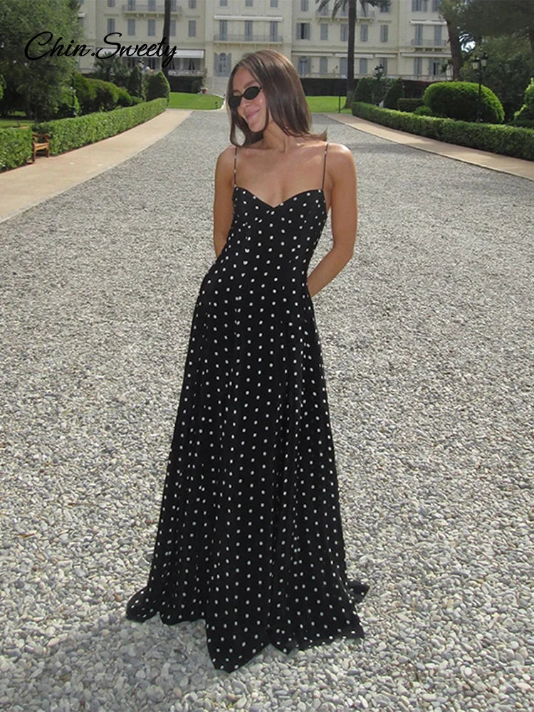 Dot Strapless Maxi Dress Pleat V-neck Sleeveless Backless High Waist A-line Dresses Summer Vacation Robes New