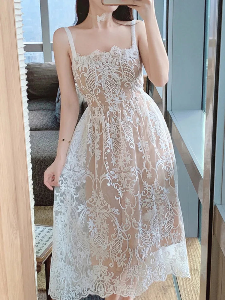 Square Neck Lace Embroidery Long Dress Fairycore Waist Sleeveless Camisole Dresses Spring Summer 23a8639