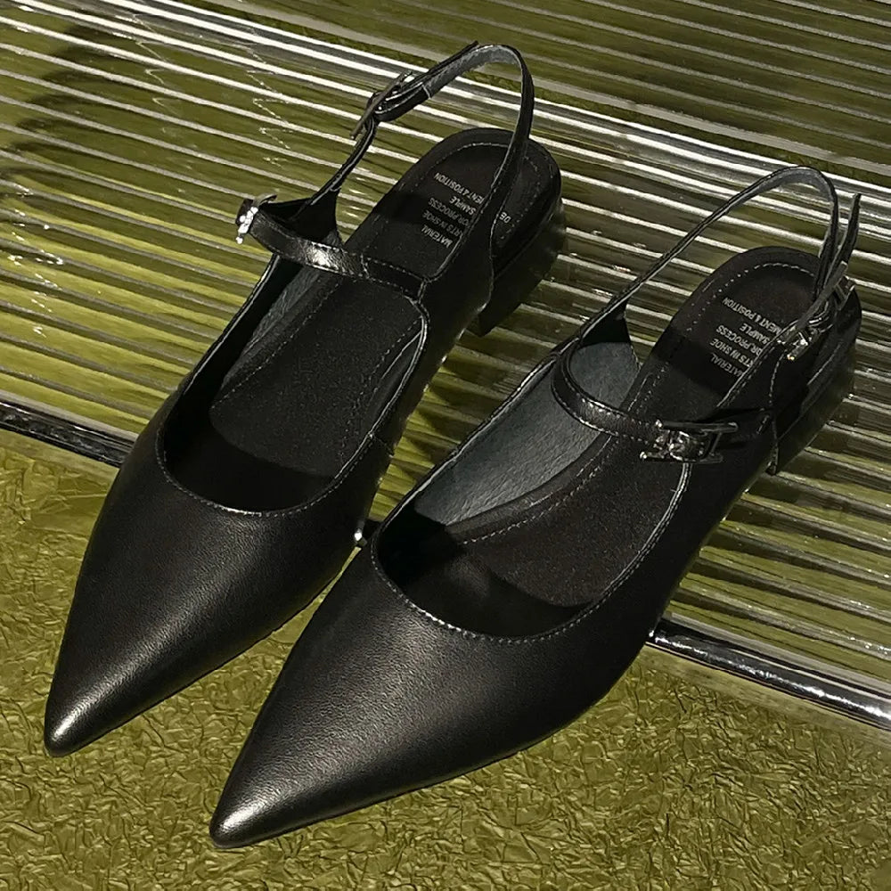 Genuine Leather Pointed Toe Slingback Slipon Flats Sandals Soft Comfortable Female Summer Daily Footwear Shoes