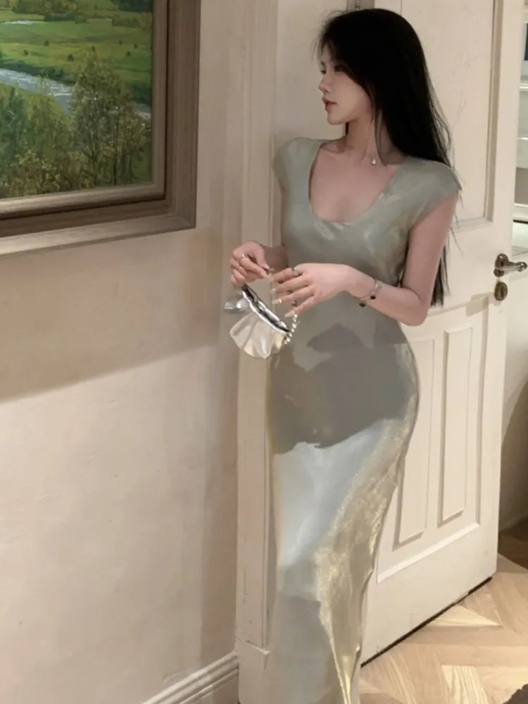 Bodycon Mermaid Midi Dress Summer Female Evening Party Maxi Dresses Short Sleeve Vestidos French Robe