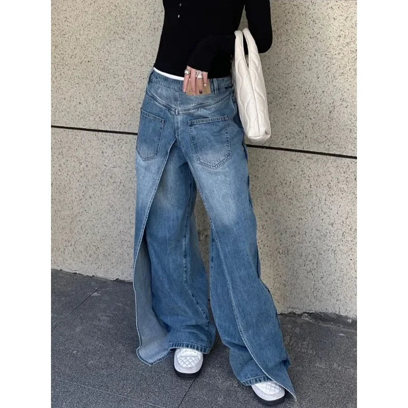 Korean Retro Washed Splicing All Match Jeans Spring New High Waist Loose Distressed Denim Wide Leg Pants