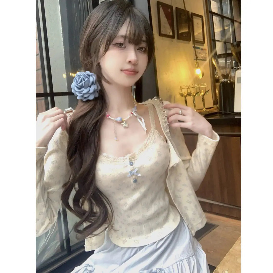 Japanese Kawaii 3 Piece Skirt Sets Lolita Crop Top Blouse + Midi Skirts Korean Suits 2000s