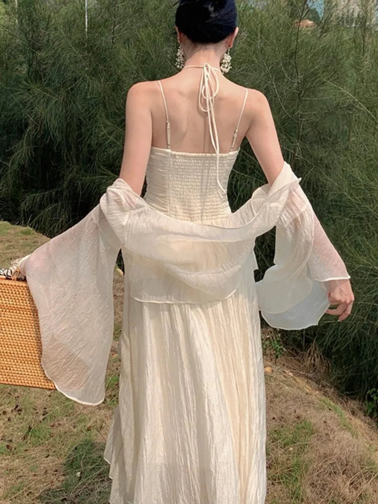 Ruffles Fairy Midi Dresses Summer Folds Birthday Evening Party Vestidos Korean Sweet Spaghetti Straps Dress