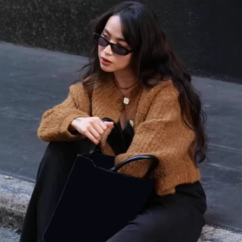 Color Simple Knitted Cardigan Loose Round Neck Single Breasted Sweater Retro Tops Short Sweaters