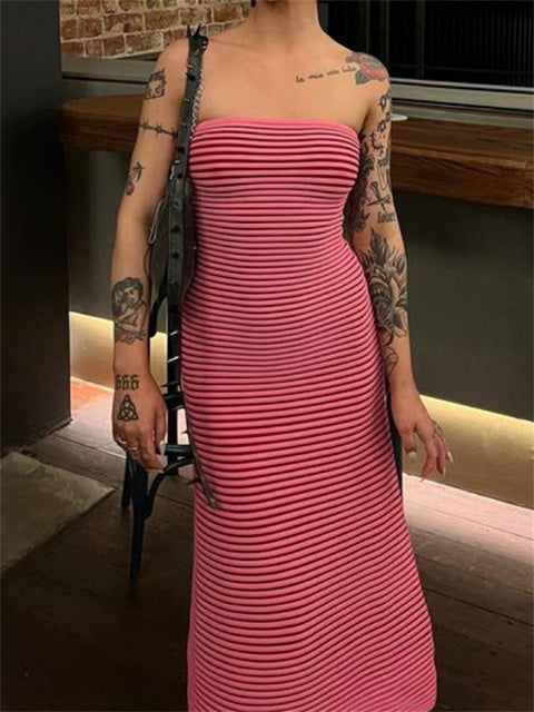 Striped Knit Female Long Dress Bandeau Loose Contrast High Waist Backless Patchwork Summer Knitwear Maxi Dress