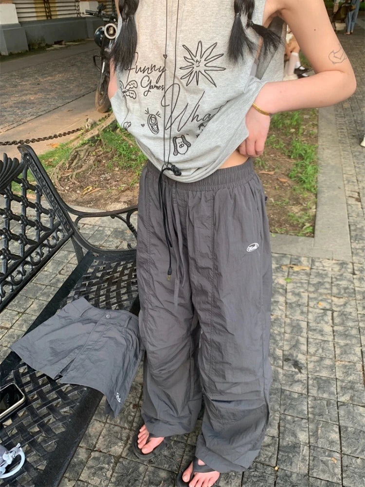 Grey Parachute Pants Woman Baggy Y2k Hip Hop Causal Patchwork Korean Straight Sweatpants Retro Trouser Summer