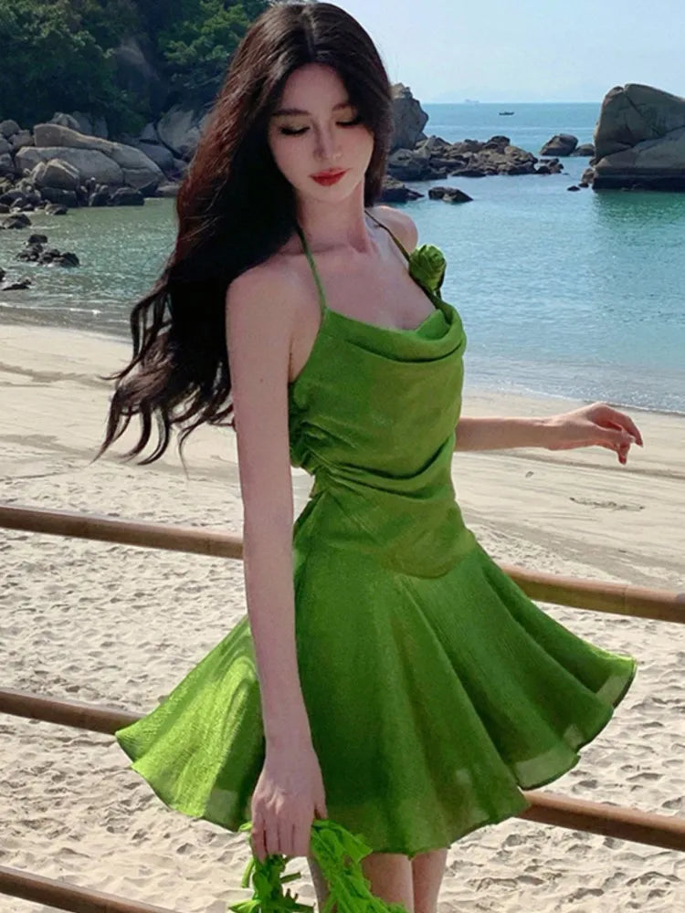Sweet Green Mini Dress for Halter Sleeveless Party Dresses Summer Holiday Pleated Aline Short Vestidos Mujer
