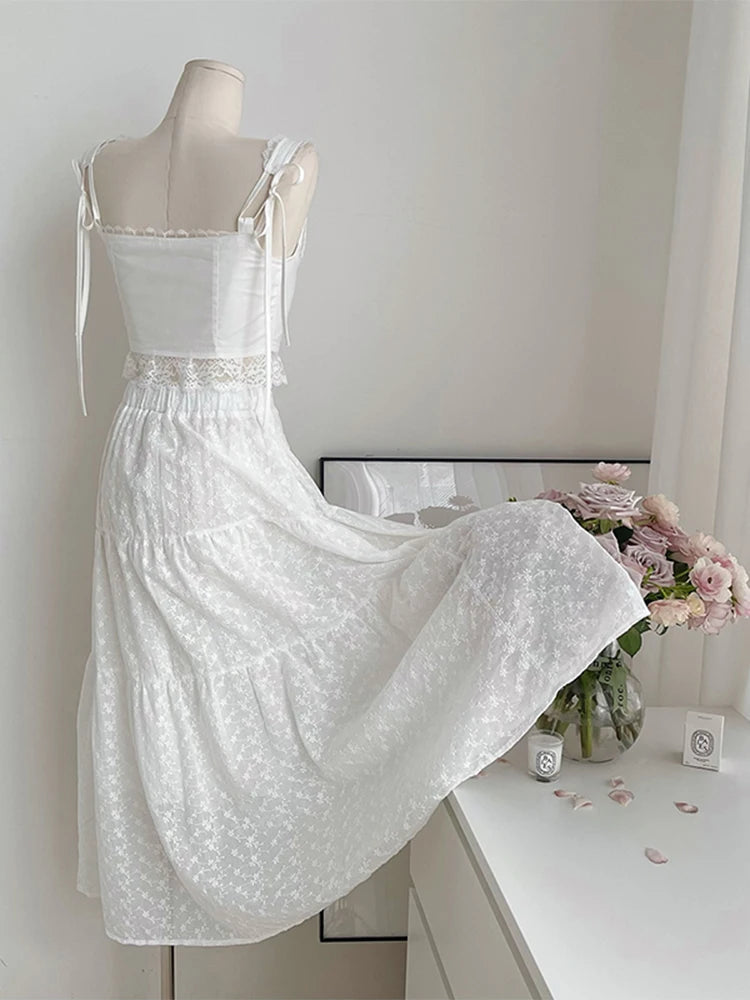 2 Pieces Sets Outfit Lace Patchwork Tie Up Bow Design Slim Crop Suspender Vest+aline High Waist Pleated Skirts