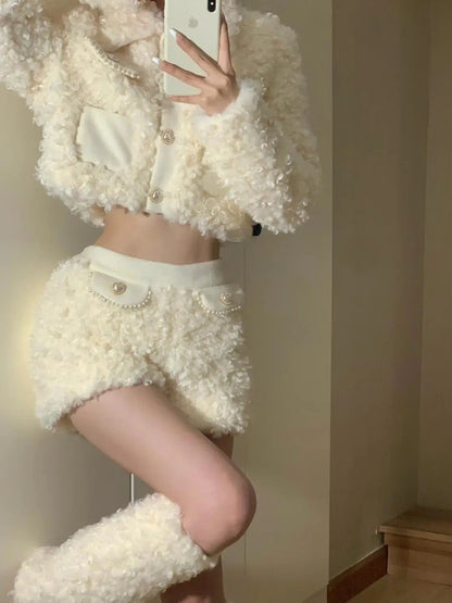 Lamb Fur Shorts Set Autumn and Winter New Plush Warm Slim Short Coat+high Waist Short Two Piece Sets Outfits