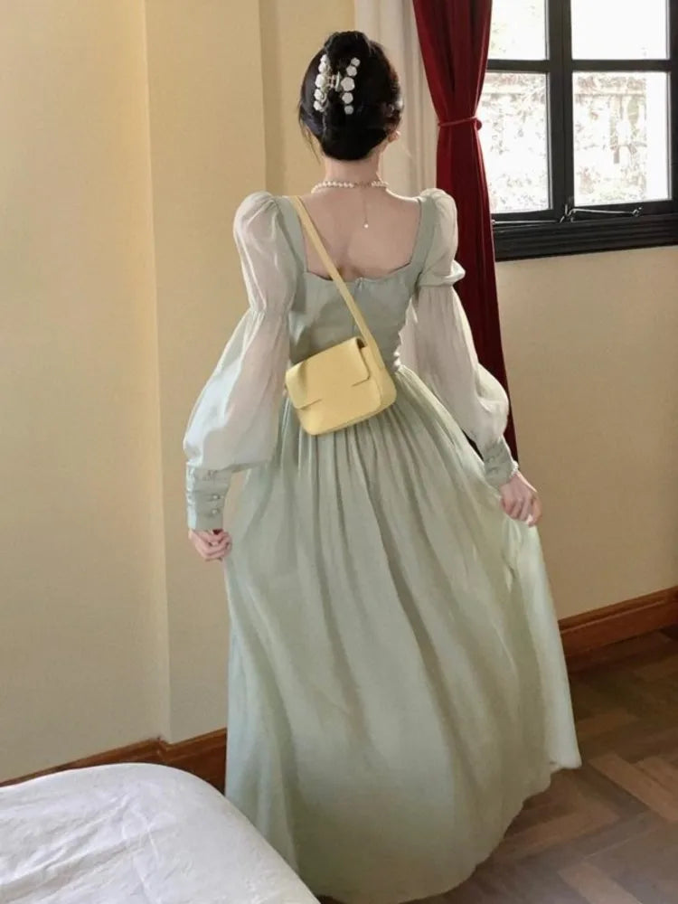 French Lantern Sleeve Lace Up Midi Dress Summer Square Neck Evening Party Prom Robe Female Vestidos Mujer Autumn