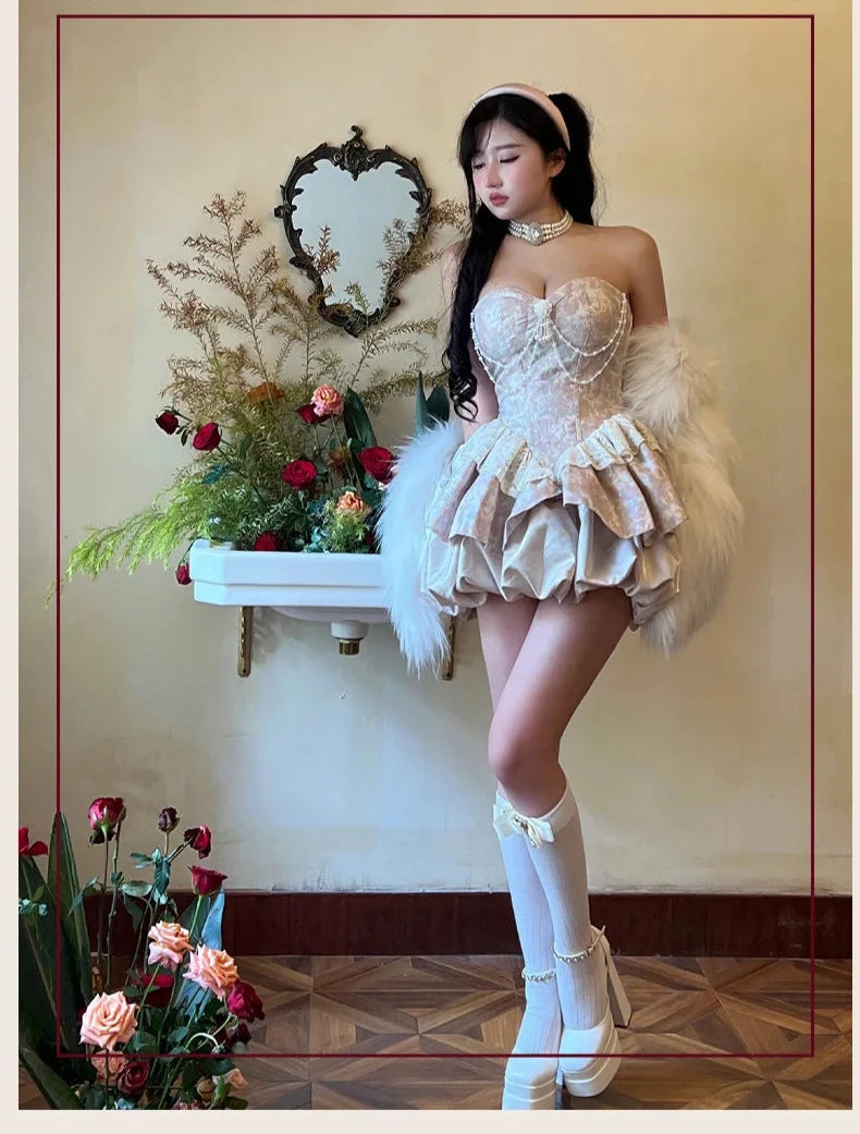 Sweet Elegance Retro Jacquard Strapless Dress for Lolita Dresses Pearl Pendant Slim Fit Patchwork Mini Dress