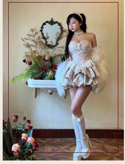 Sweet Elegance Retro Jacquard Strapless Dress for Lolita Dresses Pearl Pendant Slim Fit Patchwork Mini Dress