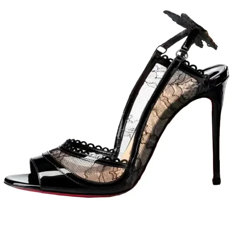 Cutout Lace Bowknot Pumps Summer Peep Toe Slingback Sandals Thin High Heels Black Patent Leather Party Wedding Shoes
