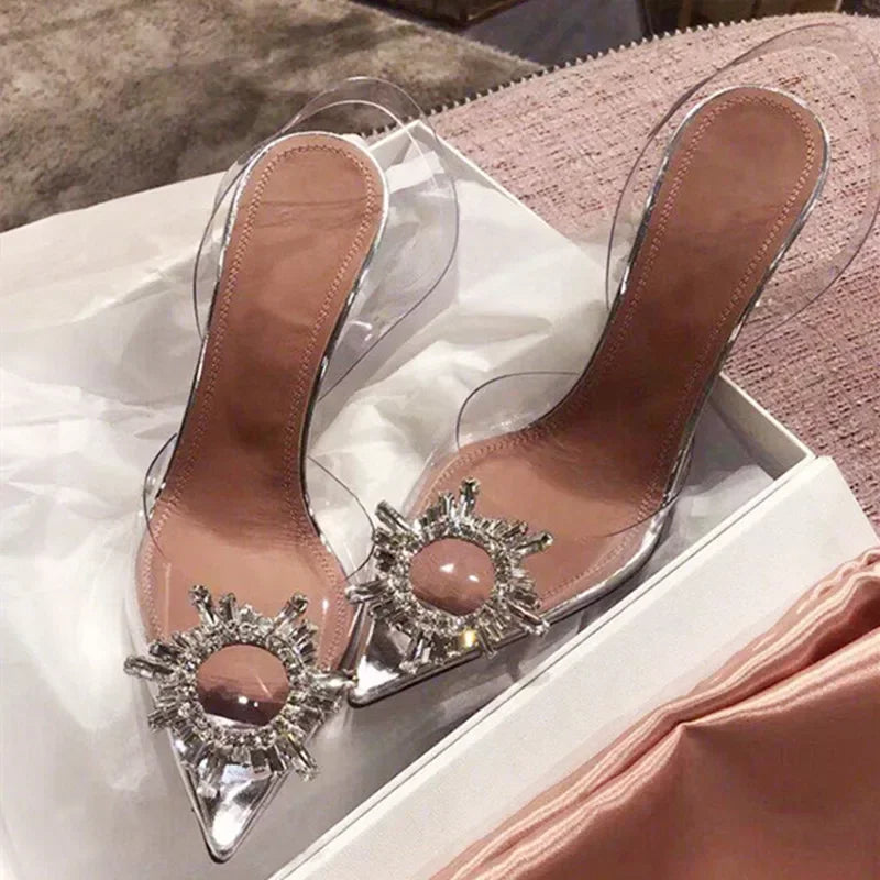 Designer Crystal Diamond Pvc Transparent High Heels Pointed Toe Pumps Banquet Prom Dress Shoes