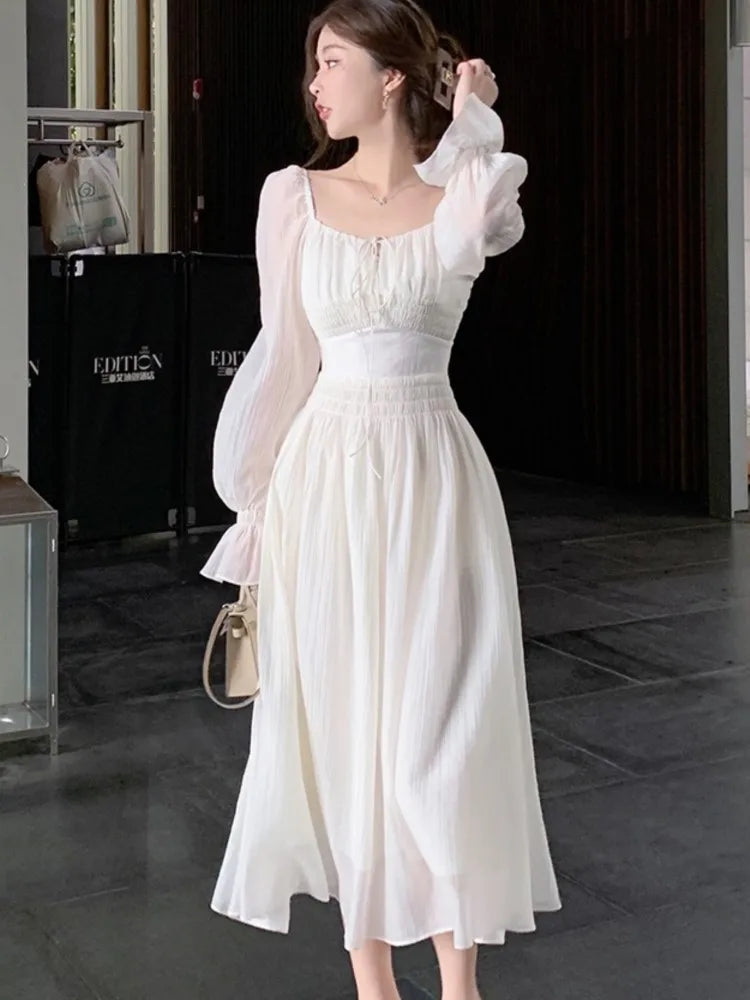 White Bandage Oneck Lantern Sleeve Maxi Midi Dresses for Party Holiday Backless Prom Bodycon Dress Summer