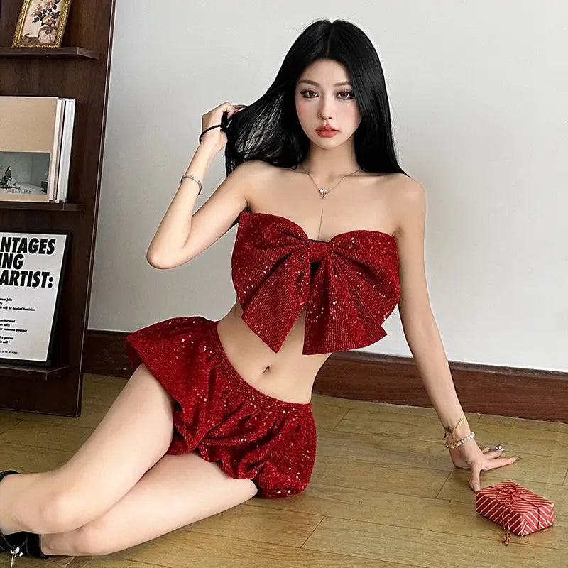 Summer Christmas Hot Girl Bow Strapless Slimming Crop Top Tube Top Shorts Set Spicy Two Piece Sets Outfits