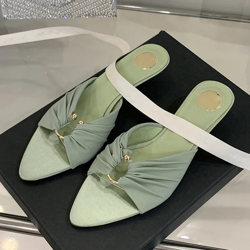 Pleated Silk Hollow Out Metal Buckle Slippers Sandal Summer Pointed Toe Low Thin Heels Beach Party Female Shoes
