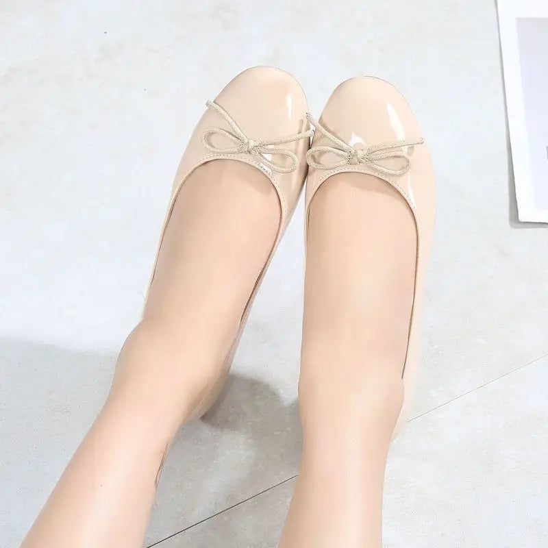 Spring New Round Toe Burgundy Cherry Red Ballet Shoes High Low Heel Bow Pumps Low Top Flat Patent Leather Small Red Shoes