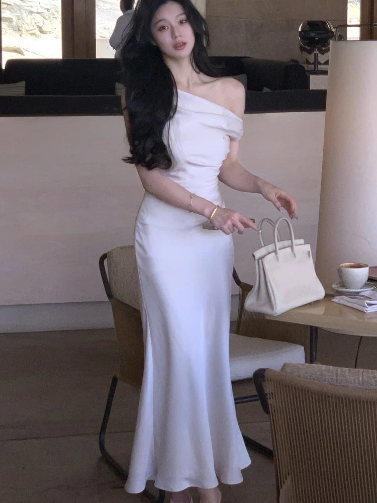 Bodycon Satin Long Dresses for Off Shoulder French Mermaid Wedding Evening Party Dress Prom Robe Vestidos